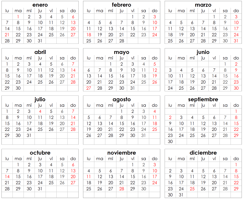 El calendario de 2013