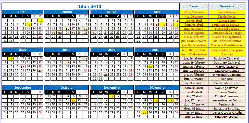 Calendario anual: 2012, 2013 y 2014
