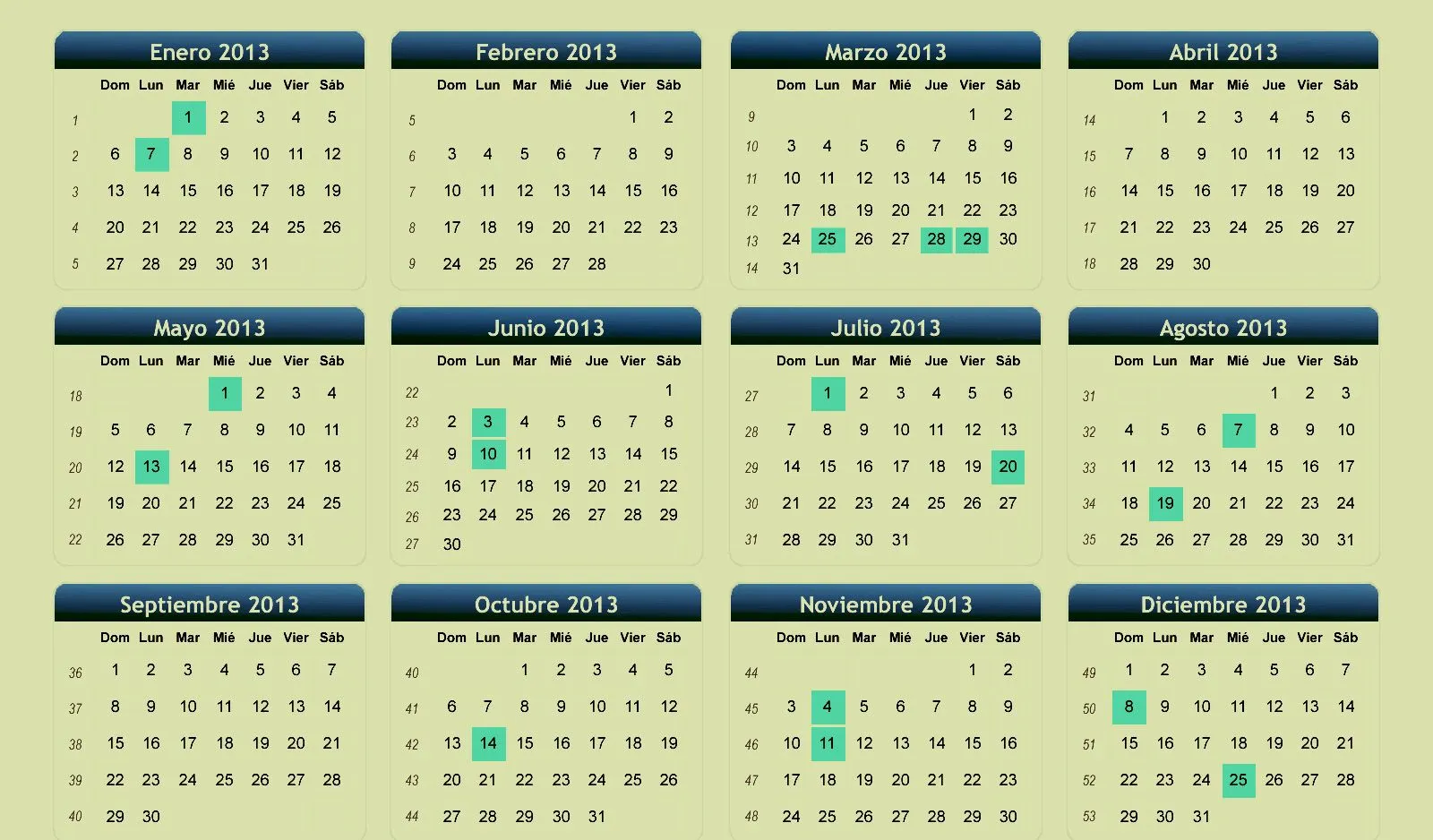Calendario 2013 con festivos Colombia