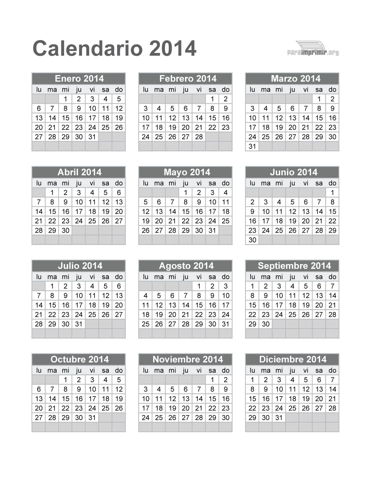 Calendario 2014 para imprimir