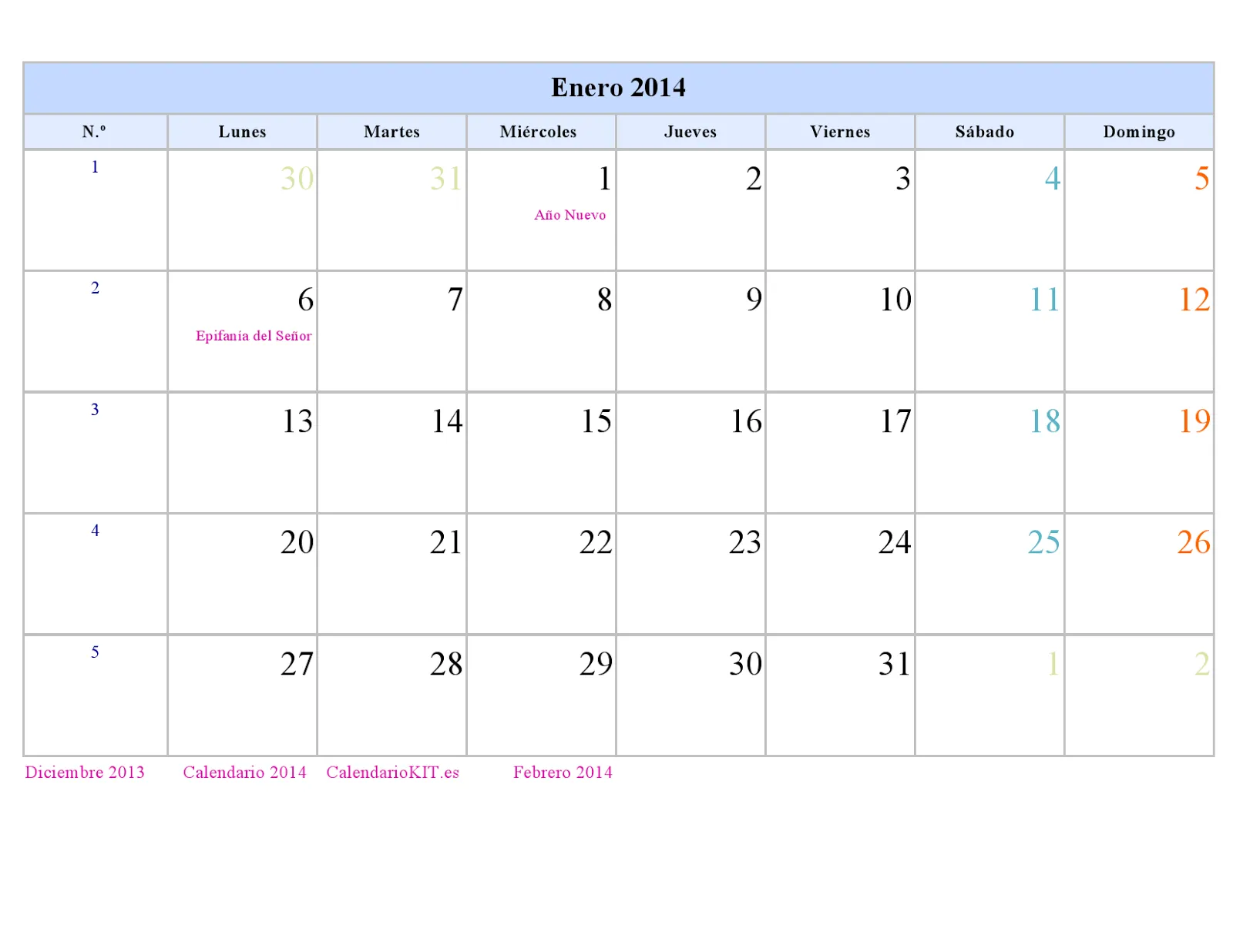 Calendario 2014 para imprimir en excel - Imagui