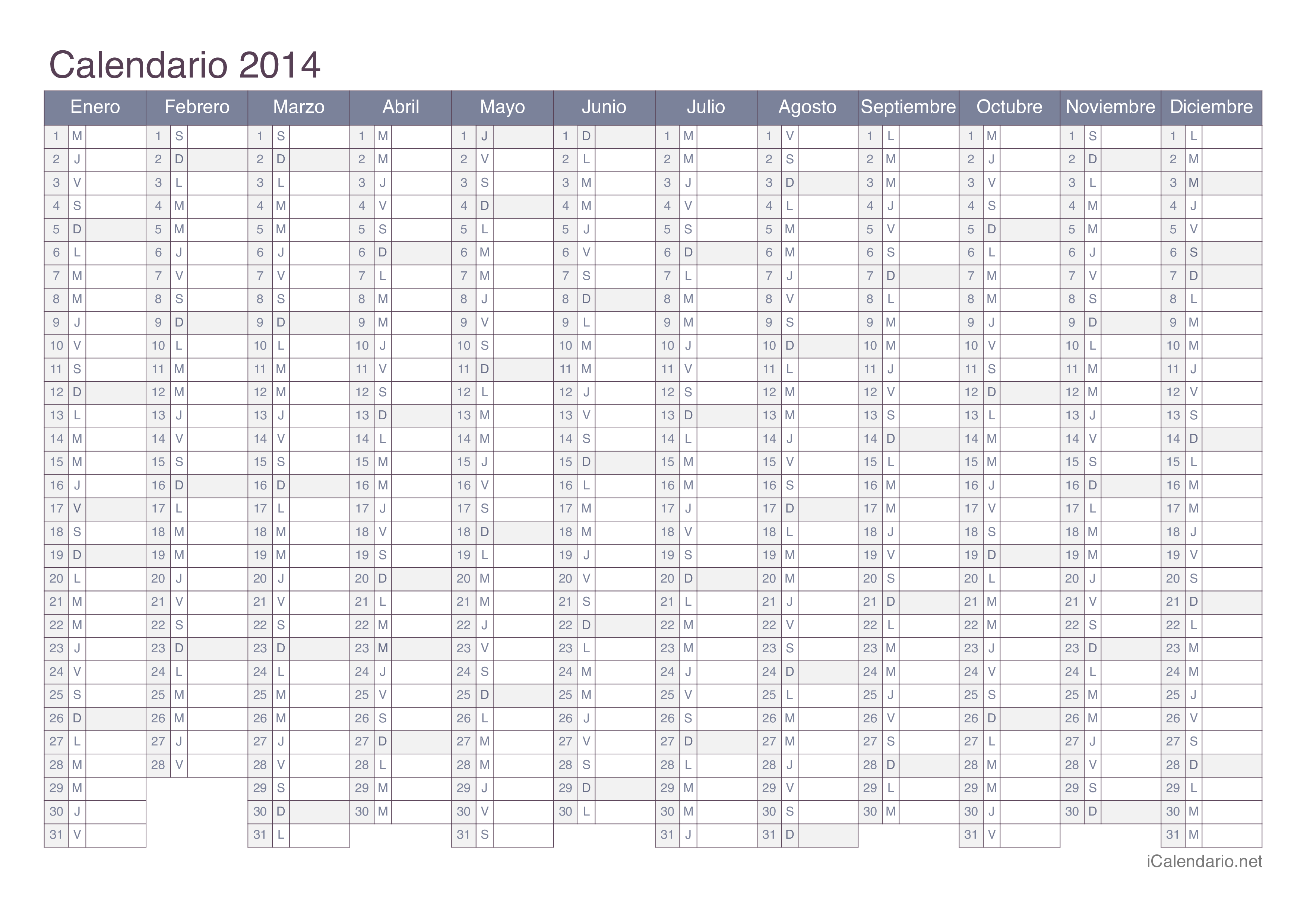 Calendario 2014 para imprimir - iCalendario.