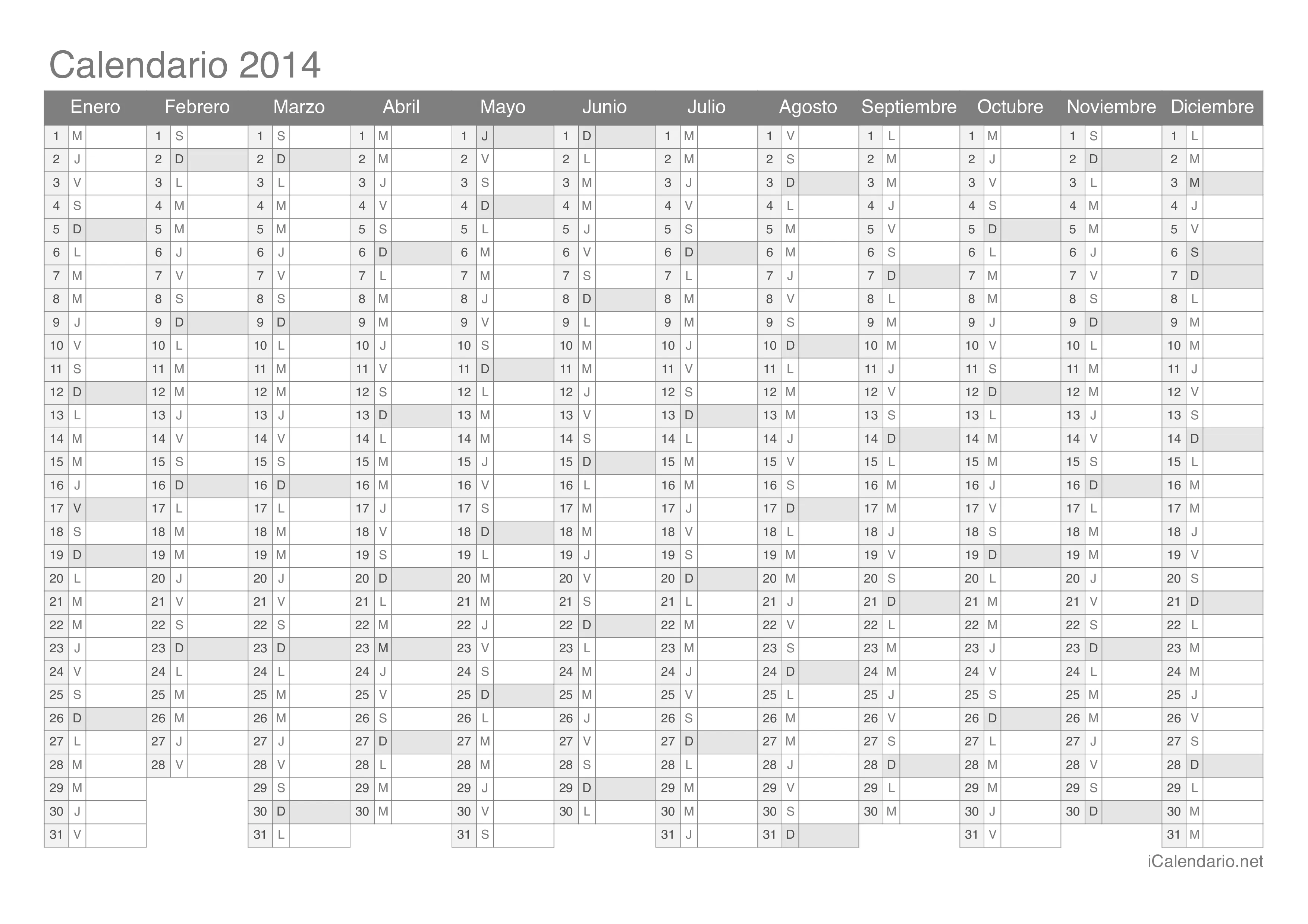 Calendario 2014 para imprimir - iCalendario.