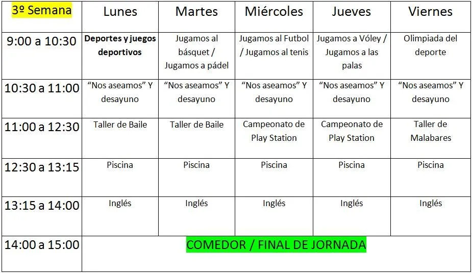 Calendario 3º Semana y Menús | Mirestépolis