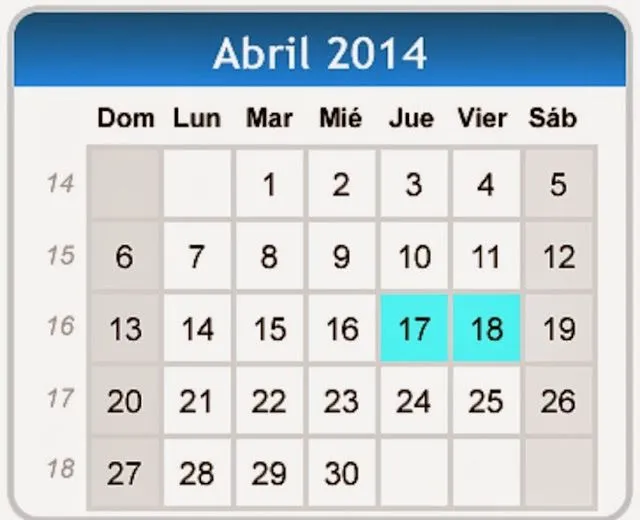 Calendario de Abril 2014 con fechas de dias festivos de Abril 2014 ...