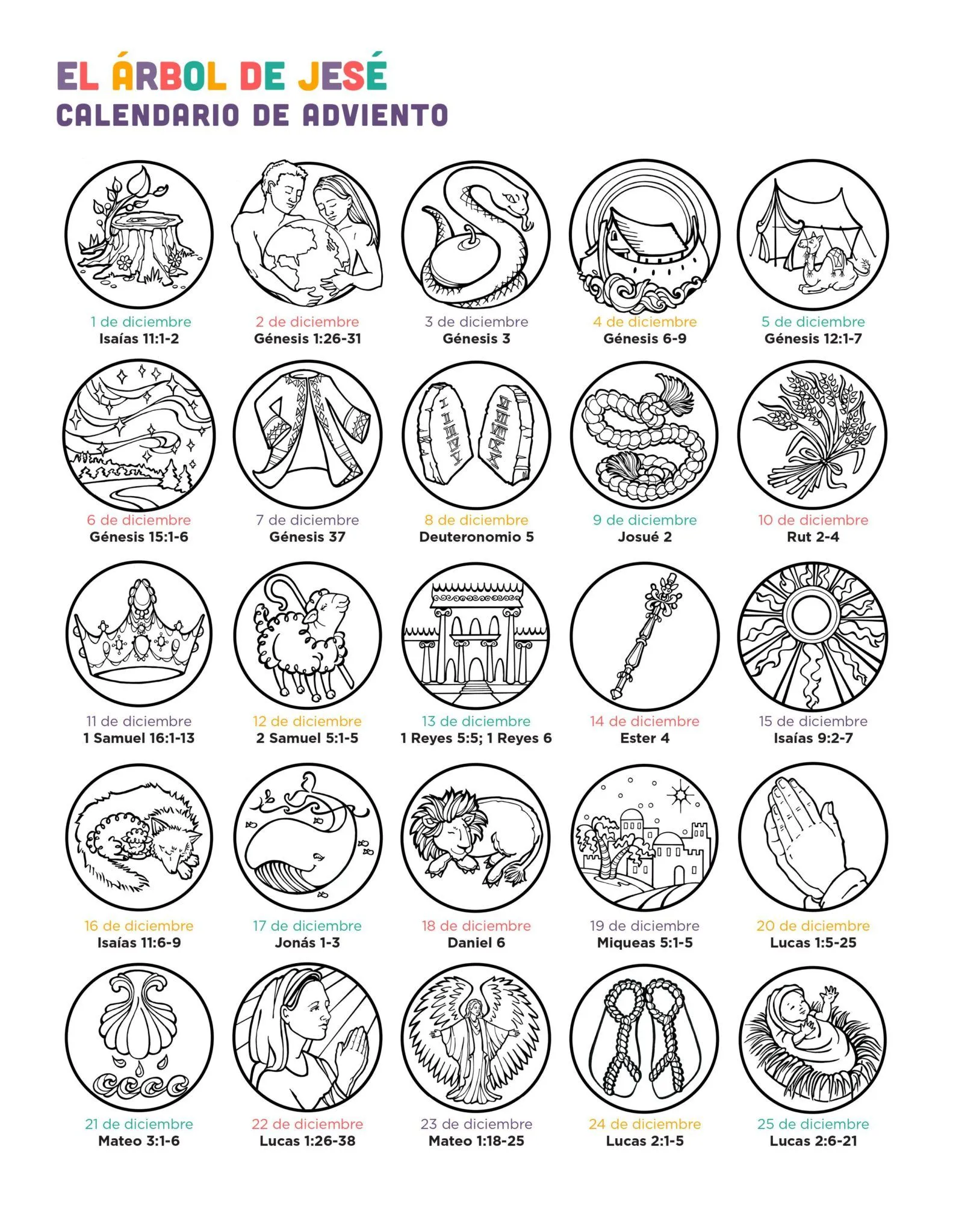 Calendario de Adviento para colorear el Árbol de Jesé y las Escrituras | Faithward.org Calendario de Adviento para colorear el Árbol de Jesé y las Escrituras | Faithward.org
