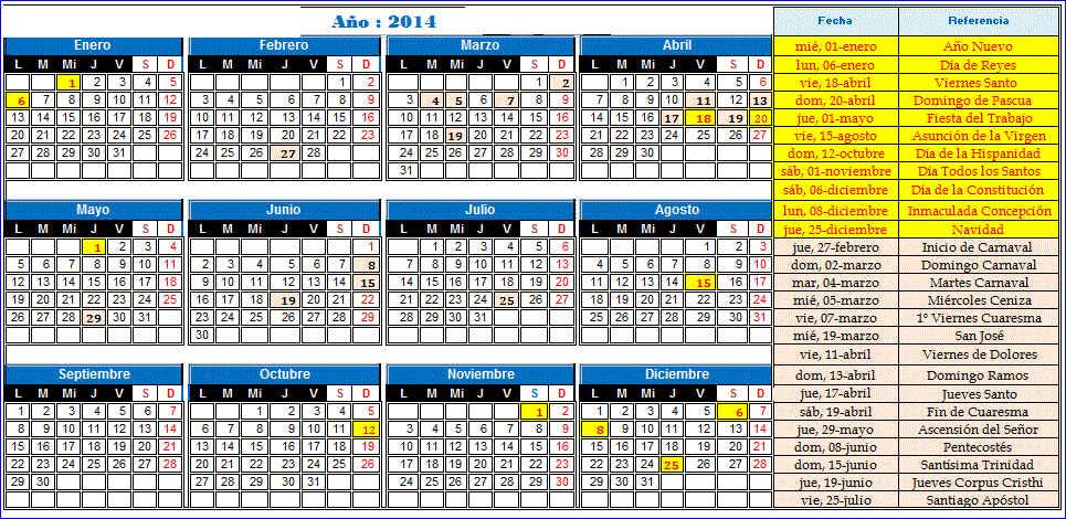 Calendario anual: 2012, 2013 y 2014