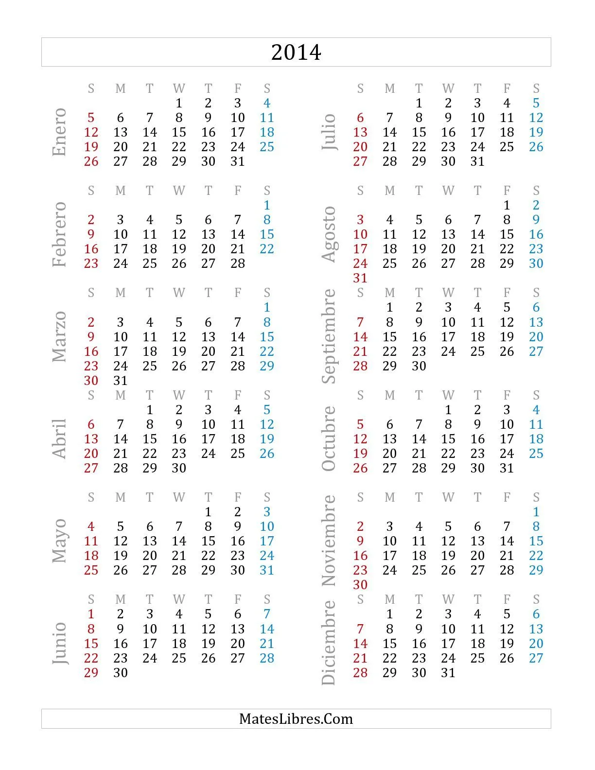 Calendario Anual del 2014 (A) Hojas de Ejercicios de Medidas