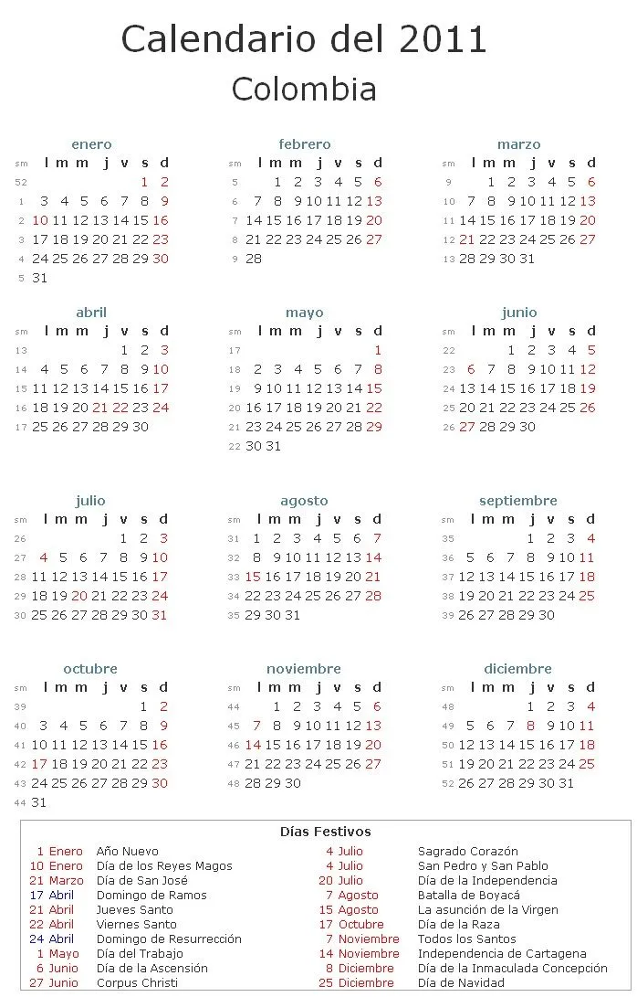 Calendario colombia 2012 - Imagui