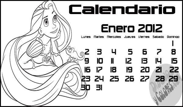 Calendario para colorear de Enero 2012 de Rapunzel, calendarios 2012 ...