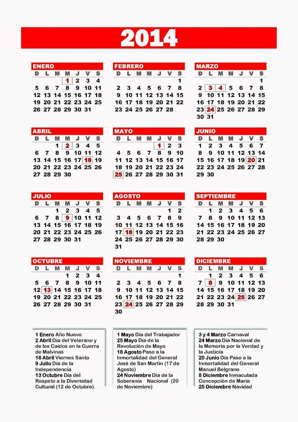 Calendario Enero 2014 con feriados Argentina - Calendario Para ...