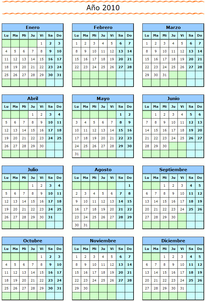 Calendario para imprimir azul de 2010 : Calendarios para imprimir