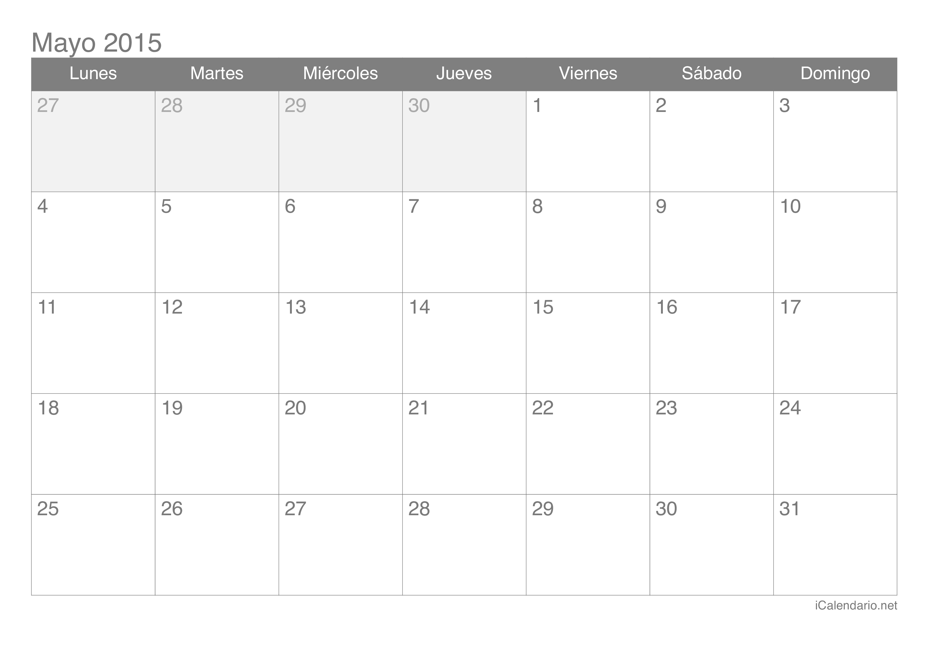 Calendario mayo 2015 para imprimir - iCalendario. Calendario mayo 2015 para imprimir - iCalendario.