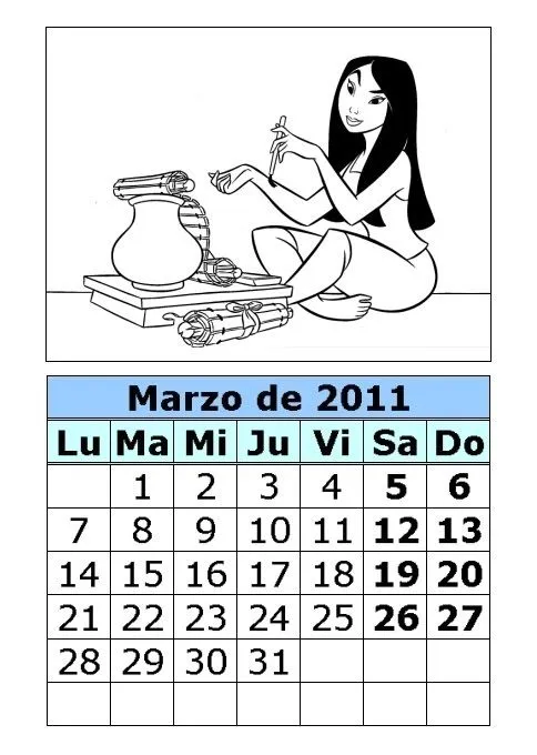 Calendario de Mulan para colorear de 2011 (1ª parte) : Calendarios ...