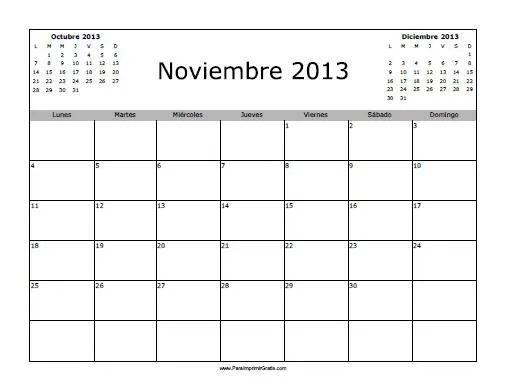 Calendario Noviembre 2013 en Blanco - Para Imprimir Gratis ...