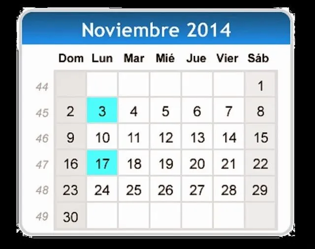 Calendario de noviembre 2014 con fechas de dias festivos de ...