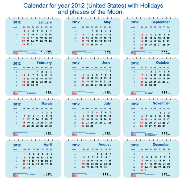 calendario de vector de 2012 con las fases de la luna, numeración ...