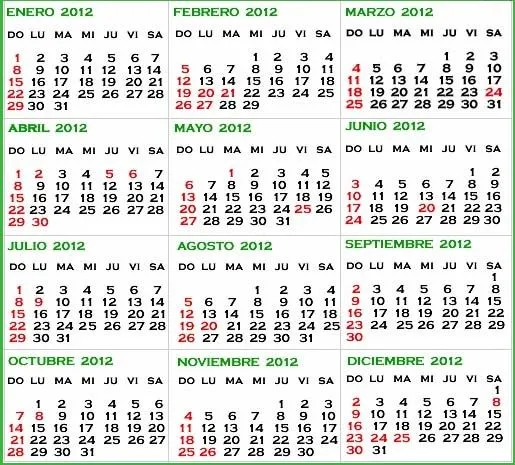 Calendario/almanaque 2012 con todos los feriados nacionales « Fuera ...