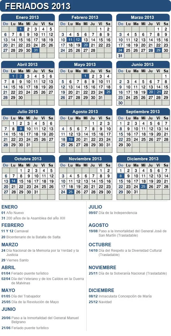 Calendario/almanaque 2013 con todos los feriados nacionales ... Calendario/almanaque 2013 con todos los feriados nacionales ...