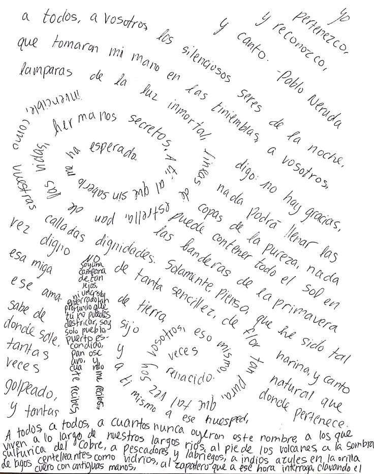 Caligrama de Carolyn. Clase: Spanish Tema: La Belleza y la Estetica. El lpoema es del Chileno ganador del Premio Nobel … | Caligramas, Textos narrativos, Ap español Caligrama de Carolyn. Clase: Spanish Tema: La Belleza y la Estetica. El lpoema es del Chileno ganador del Premio Nobel … | Caligramas, Textos narrativos, Ap español