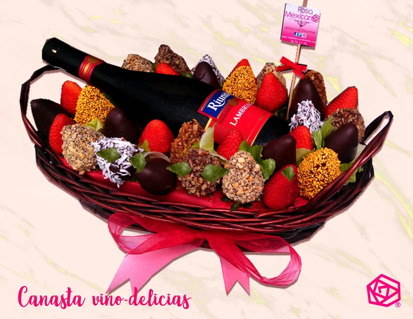 Canasta Vino delicias - Rosa Mexicano® Regalos a domicilio y repostería para eventos. Canasta Vino delicias - Rosa Mexicano® Regalos a domicilio y repostería para eventos.