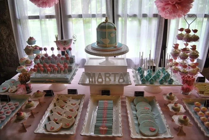 Candy bar in soft pink and blue. Little birds and birdcage ... Candy bar in soft pink and blue. Little birds and birdcage ...