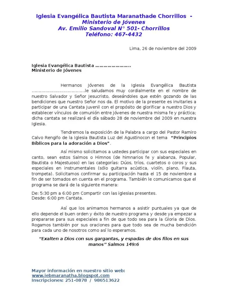 Cantata Juvenil - Carta de Invitación para Las Iglesias | PDF | Bautistas | Iglesia Católica Cantata Juvenil - Carta de Invitación para Las Iglesias | PDF | Bautistas | Iglesia Católica