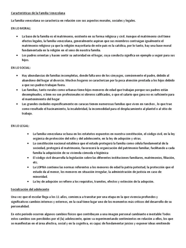 Características de La Familia Venezolana y Socializacion Del Adolecente | PDF | Familia | Matrimonio Características de La Familia Venezolana y Socializacion Del Adolecente | PDF | Familia | Matrimonio