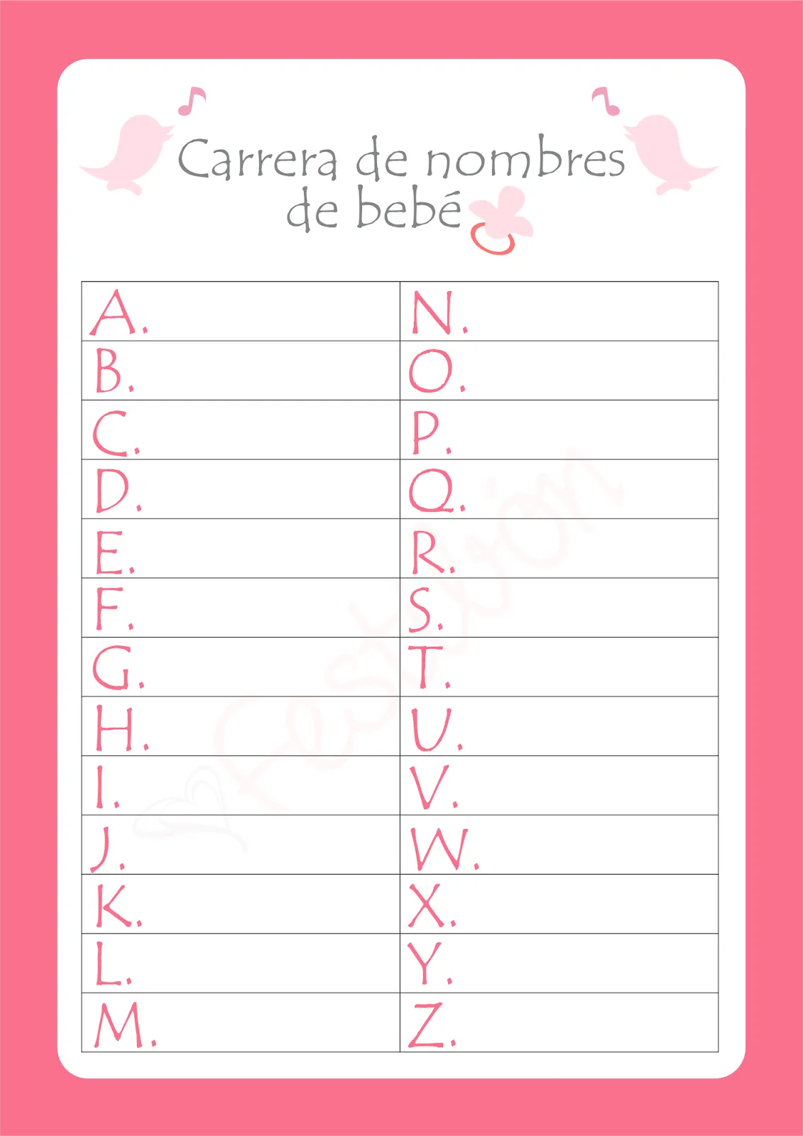 Carrera de nombres de bebé │ Juegos para Baby Shower para ...