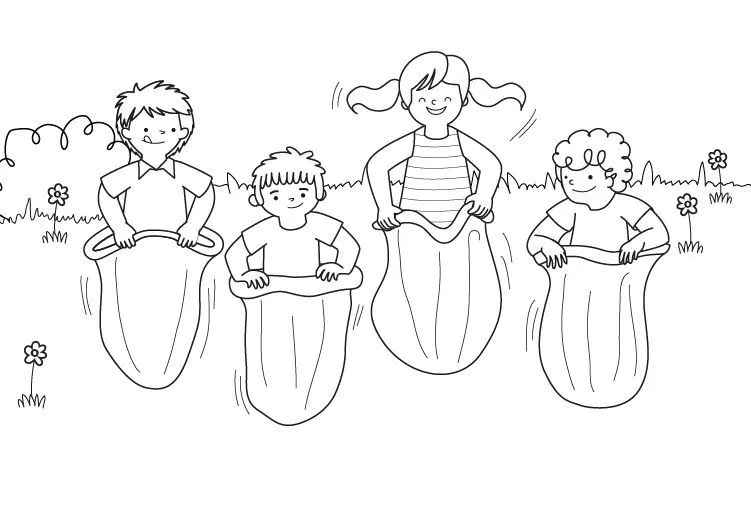 Carrera de sacos: dibujo para colorear e imprimir Carrera de sacos: dibujo para colorear e imprimir