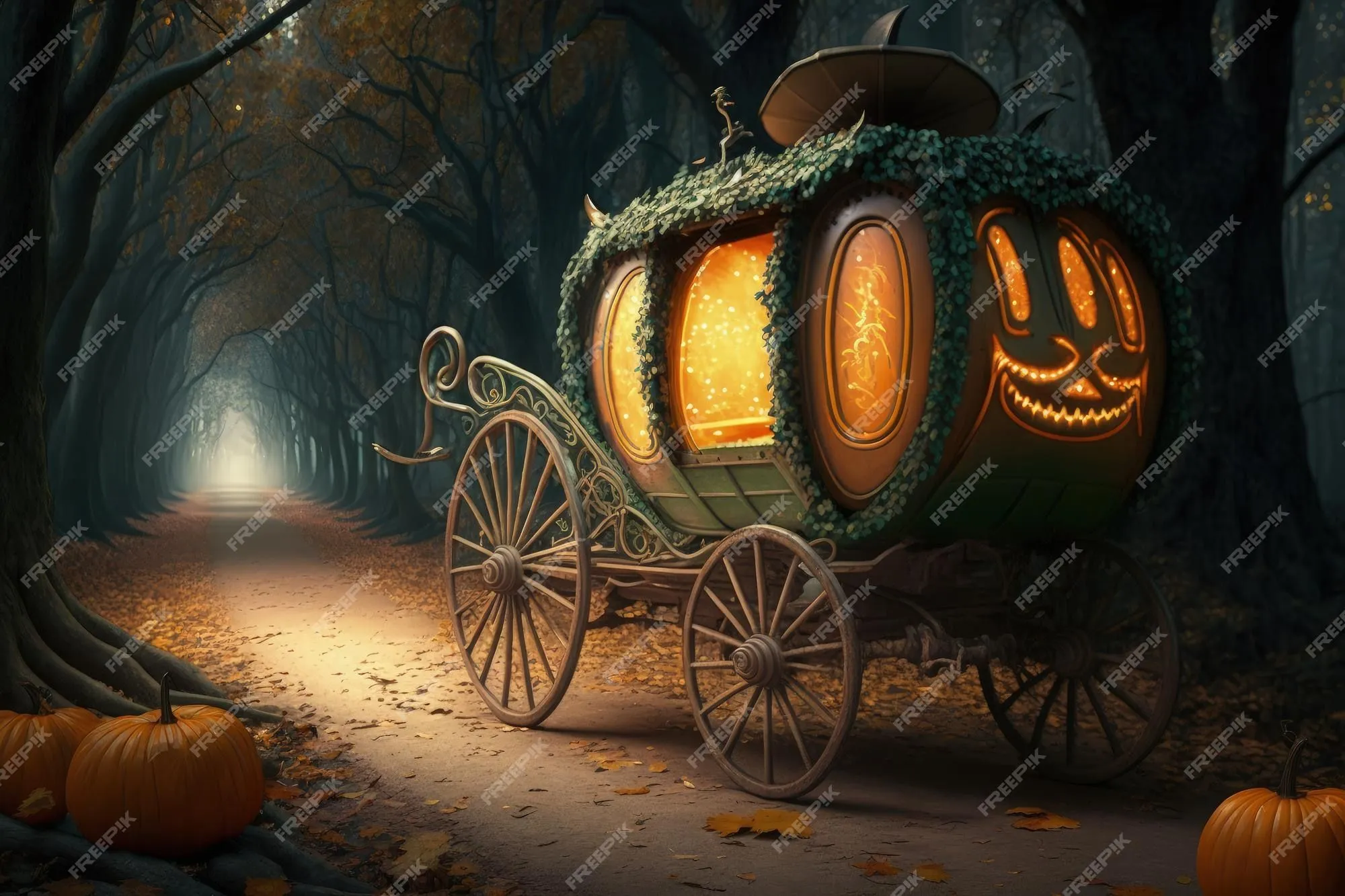 Carro de calabazas en la carretera del bosque mágico carro de calabazas de  cenicienta ai | Foto Premium