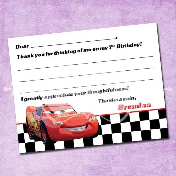 Cars Rayo McQueen gracias tarjeta por FreshInkStationery en Etsy