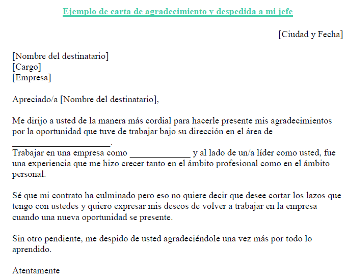 Ejemplo de carta de agradecimiento y despedida a mi jefe ...