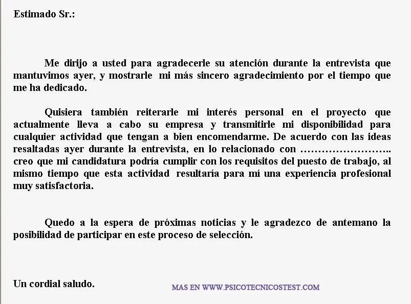 Carta de Agradecimiento después de la Entrevista de Trabajo ...