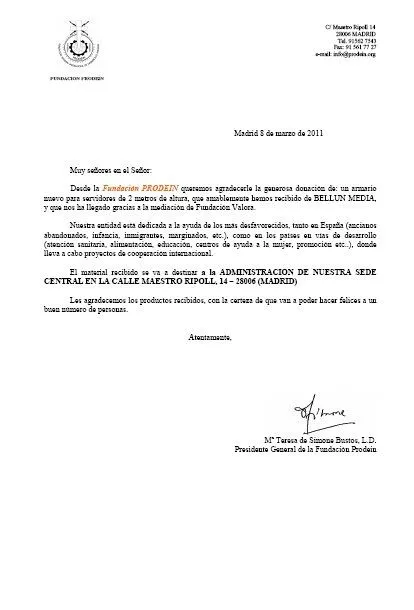 Carta de agradecimiento de la Fundación Prodein a Bellum Media ...