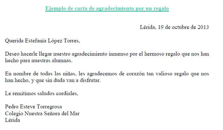 Ejemplo de carta de agradecimiento por un regalo | Ejemplos de carta