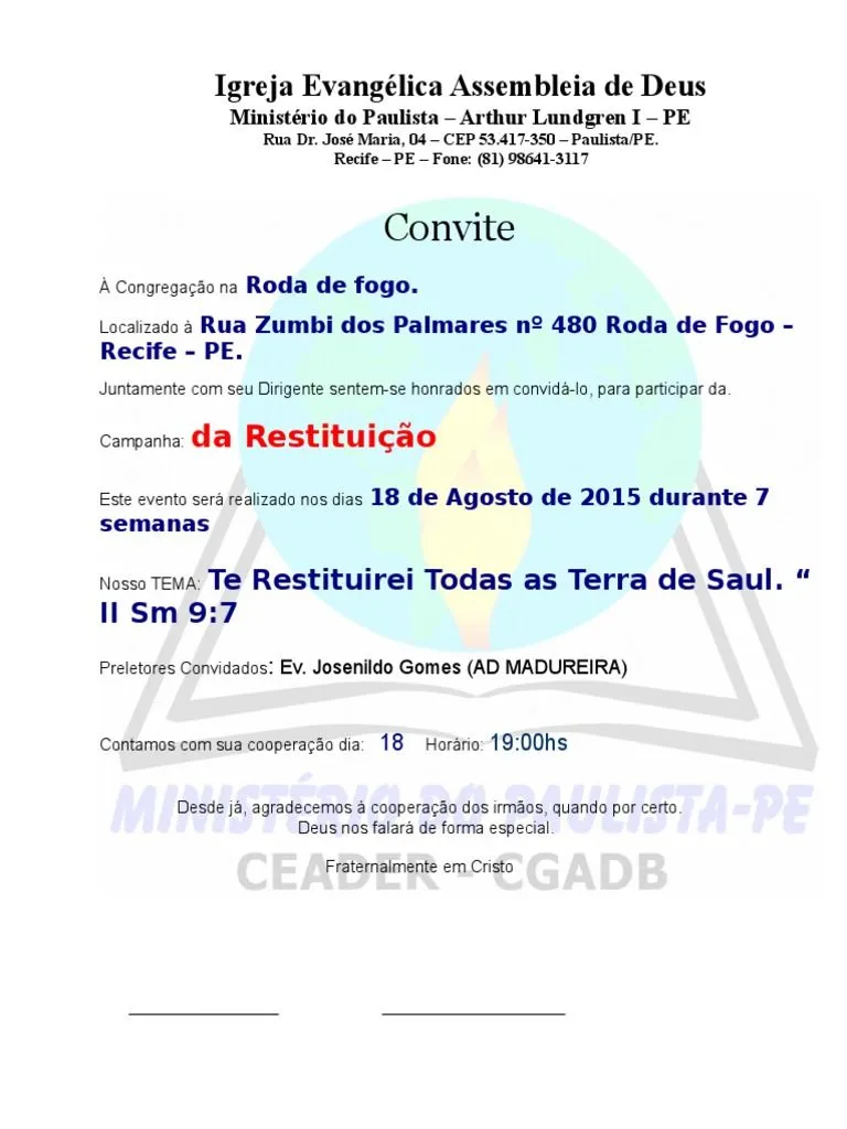 Carta Convite Ministerio de Paulista | PDF