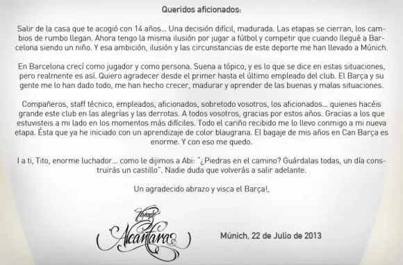 La carta de despedida de Thiago Alcantara desde Munich a la ... La carta de despedida de Thiago Alcantara desde Munich a la ...
