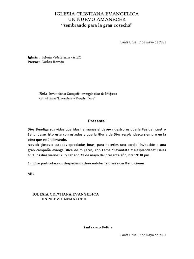 Carta INVITACION A CAMPAÑA DE MUJERES | PDF | Religiones abrahámicas | Familias denominacionales cristianas Carta INVITACION A CAMPAÑA DE MUJERES | PDF | Religiones abrahámicas | Familias denominacionales cristianas
