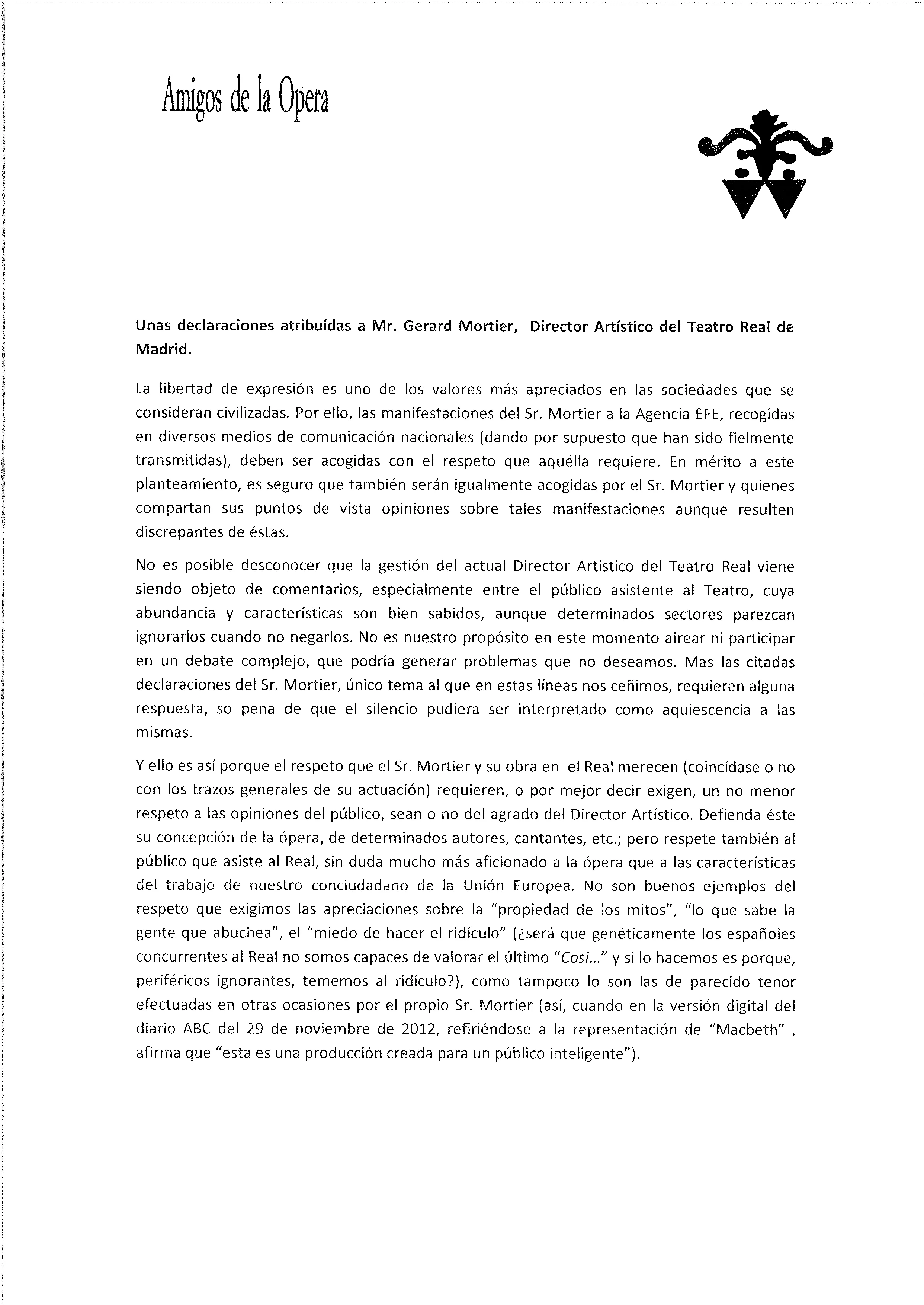 Carta sobre Mortier enviada por los Amigos de la Ópera | Beckmesser Carta sobre Mortier enviada por los Amigos de la Ópera | Beckmesser