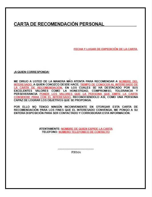 Carta de Recomendacion Personal ~ Descripcion | Ejemplos