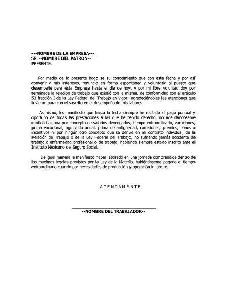 Carta de Renuncia a un trabajo