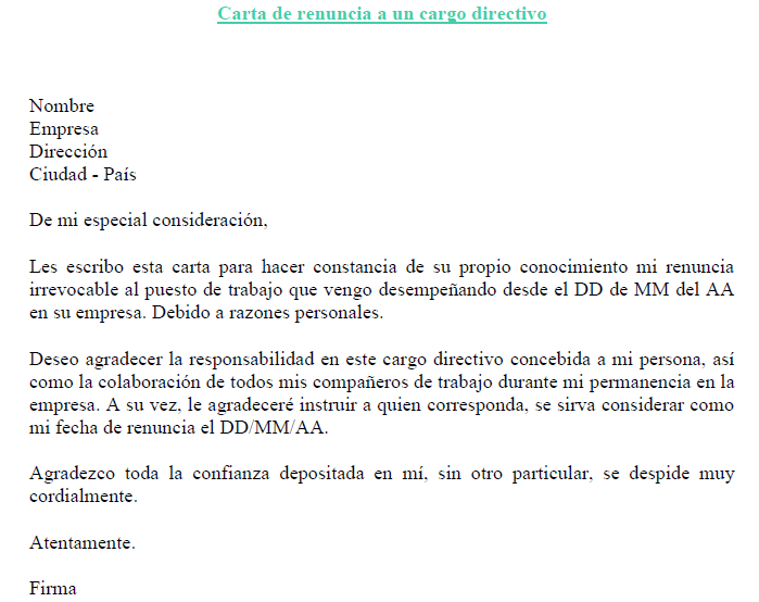 Ejemplo de carta de renuncia a un cargo directivo | Ejemplos de carta