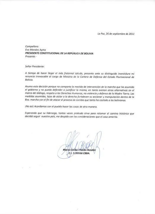 Carta de Renuncia de la Ministra Maria Cecilia Chacon | BOLIVIA DECIDE