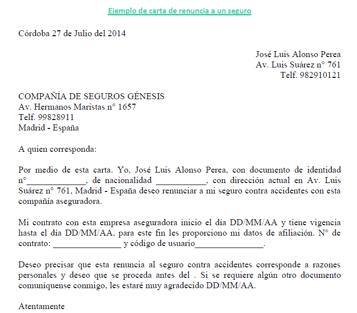 Ejemplo de carta de renuncia a un seguro | Ejemplos de carta