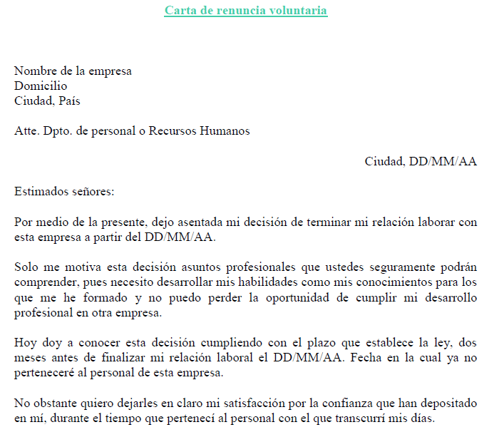 Ejemplo de carta de renuncia voluntaria | Ejemplos de carta