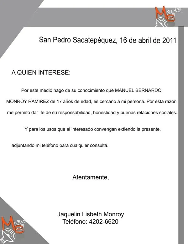 Formato carta recomendacion personal word - Imagui