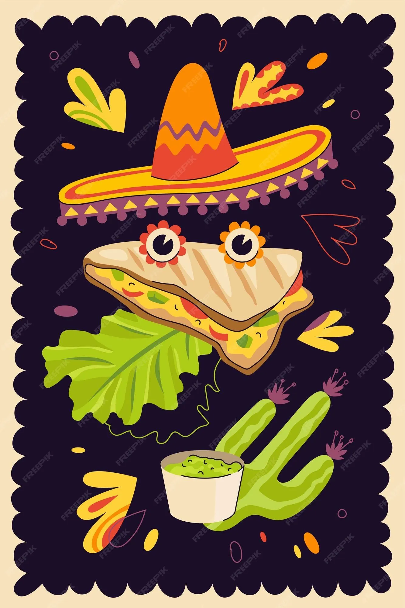 Cartel dibujado a mano de quesadilla de comida rápida mexicana para menú de restaurante de cocina mexicana o publicidad de restaurante. bandera y sombrero del plato tradicional latinoamericano. tortilla de trigo o Cartel dibujado a mano de quesadilla de comida rápida mexicana para menú de restaurante de cocina mexicana o publicidad de restaurante. bandera y sombrero del plato tradicional latinoamericano. tortilla de trigo o