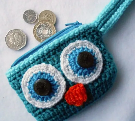 Cartera monedero verde turqueza de búho tejido crochet por Lacebox