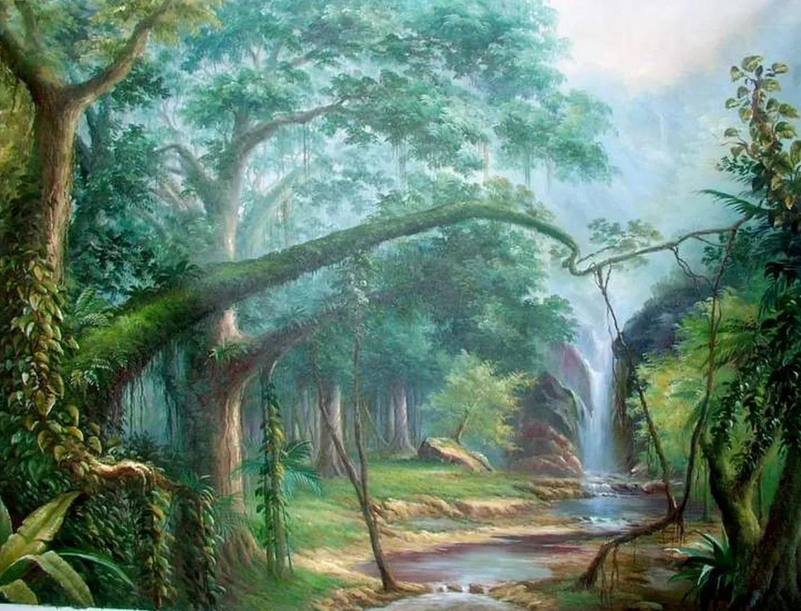 Cuadros Modernos al Óleo : "La Cascada en el bosque", paisaje óleo Cuadros Modernos al Óleo : "La Cascada en el bosque", paisaje óleo